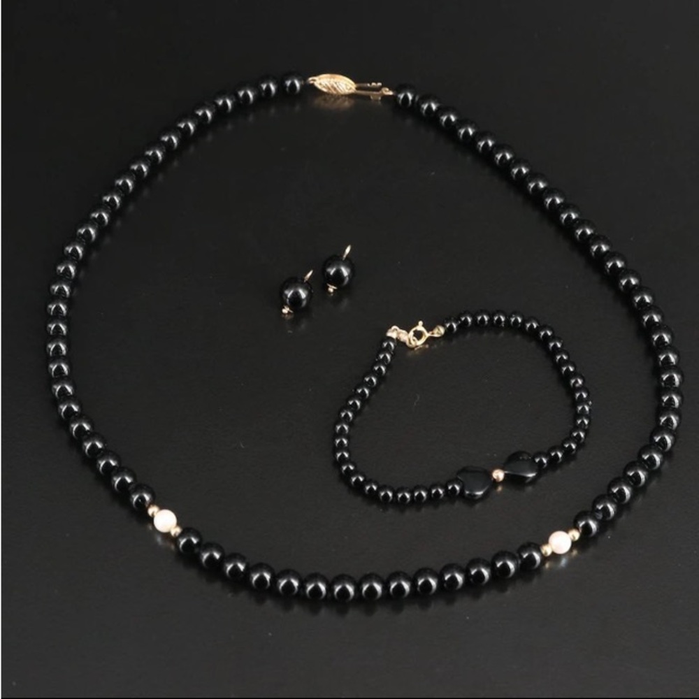 14K Black Onyx Bracelet, Necklace, and earrings with Pearl Accents